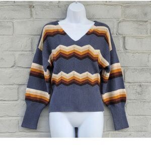FCT with Love Chevron Striped Knit V-Neck Sweater Blue Brown Boho Large L